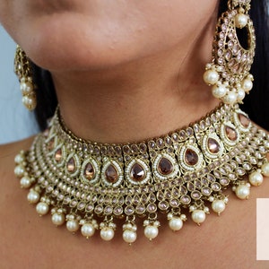 Champagne Royal Bridal Indian Jewellery - Necklace, Maang Tikka and Jhumka Earrings Set, &#39;JODHA&#39; Collection