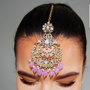 Indian Jewellery - Maang Tikka and Jhumka Earrings Set, &#39;DIYA&#39; Collection in Gold Lilac