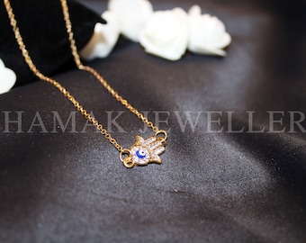 Gold Plated Hamsa Hand Evil Eye Necklace - Protection Jewelry