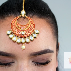 Bridal Real Traditional Kundan Maang Tikka, Bridal Forehead piece in Gold and Red - &#39;SONIA&#39; Collection