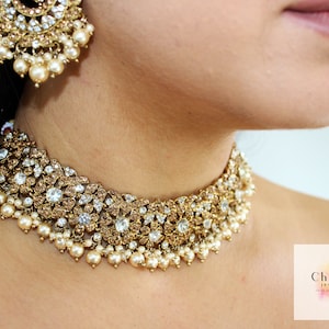 Royal Bridal Indian Jewellery - Silver Champagne Necklace, Maang Tikka and Jhumka Earrings Set, &#39;ALIYA&#39; Collection