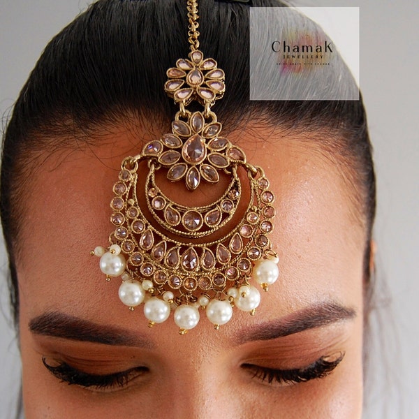 Indian Jewellery - Maang Tikka and Jhumka Earrings Set, 'DIYA' Collection in Gold Champagne