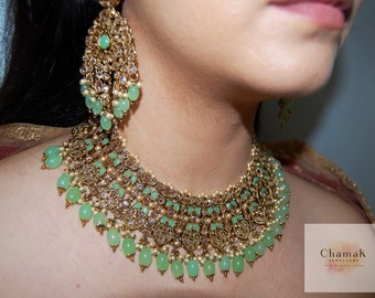 Mint Green Indian Bridal Jewelry Set: Necklace, Earrings & Tikka