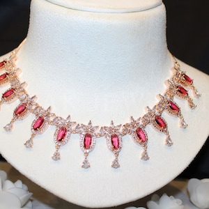 Rose Gold Ruby Red Necklace and Earrings Set: American Diamond Jewelry