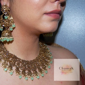 Royal Bridal Indian Jewellery in Mint Green - Necklace, Tikka and Jhumka Earrings Set, &#39;RANI&#39; Collection