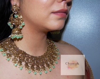 Mint Green Indian Bridal Jewelry Set: Necklace, Earrings & Tikka