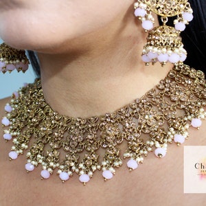 Royal Bridal Indian Jewellery in Baby Pink - Necklace, Maang Tikka and Jhumka Earrings Set, &#39;RANI&#39; Collection
