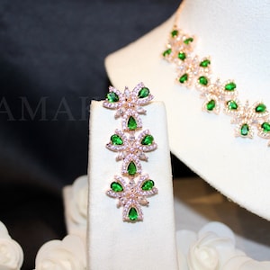 Exclusive American Diamond Rose Gold Emerald Green and Earrings set - ZOYA collection