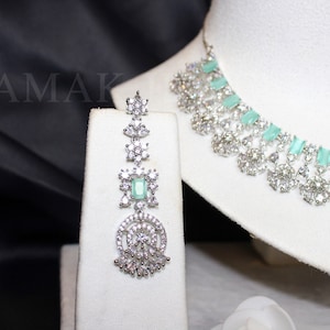 Exclusive American Diamond Silver Mint Green Necklace and Earrings set - VIENNA collection