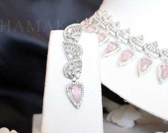 Baby Pink American Diamond Necklace and Earrings Set - ZIA Collection