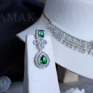 Silver Plated Emerald Green CZ Necklace and Earrings Set