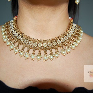 Champagne Bridal Jewelry Set: Indian Necklace, Tikka, Jhumka Earrings
