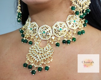 Green Kundan Necklace Set: Traditional Indian Jhumka Earrings