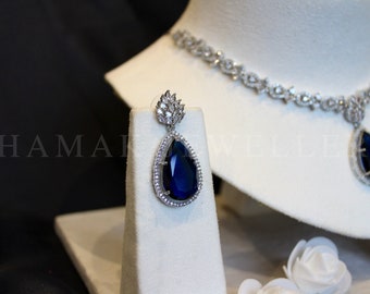 Exclusive Silver plated cZ American Diamond set in Sapphire Blue, Necklace and Earrings set - ZIA collection
