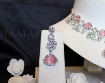 Exclusive Royal American Diamond Silver Baby Pink Set, Necklace and Earrings set - CELIA collection