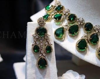Emerald Green Choker Necklace and Earrings Set: American Diamond Gold 'IVY' Collection