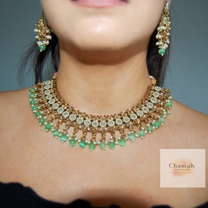 Baby Green Indian Bridal Jewelry Set: Necklace, Earrings & Tikka