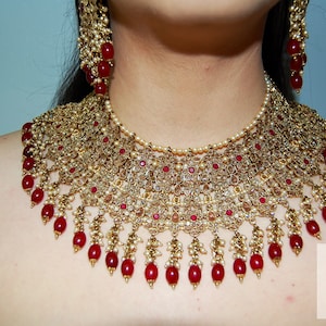 Exclusive Royal Bridal Indian Jewellery - Maroon Necklace, Maang Tikka and Jhumka Earrings Set, &#39;JANNAT&#39; Collection