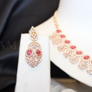 Rose Gold Plated American Diamond Necklace and Earrings: Ruby Red &#39;SELENE&#39; Set