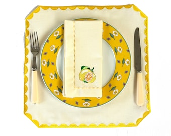 Conjunto de 4 manteles individuales con estampado de limón personalizados, decoración de cocina con tema de frutas bordadas, configuración divertida de mesa de primavera, fiesta de puesto de limonada, limones dulces