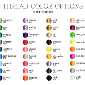 Puede incluir: Una carta de colores que muestra las opciones de color del hilo con el texto "THREAD COLOR OPTIONS". La carta incluye varios colores como verde, morado, rosa y amarillo, cada uno con un nombre y un n&uacute;mero correspondiente. Los colores est&aacute;n dispuestos en filas y columnas.