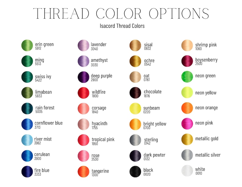 Puede incluir: Una carta de colores que muestra las opciones de color del hilo con el texto "THREAD COLOR OPTIONS". La carta incluye varios colores como verde, morado, rosa y amarillo, cada uno con un nombre y un n&uacute;mero correspondiente. Los colores est&aacute;n dispuestos en filas y columnas.