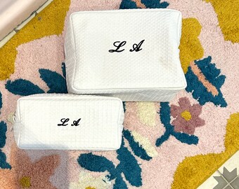 Set of 2 Monogram Quilted Cosmetic Bag, Bridal Shower Gift, Embroidered Makeup Case, Gifting Ideas For Her, Wedding Pouch, Toiletry Bag