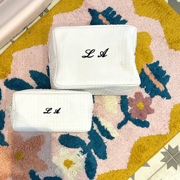 Set of 2 Monogram Quilted Cosmetic Bag, Bridal Shower Gift, Embroidered Makeup Case, Gifting Ideas For Her, Wedding Pouch, Toiletry Bag