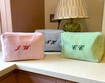Pastel Striped Monogramed Makeup Bag, Personalized Toiletry Pouch, Embroidered Cosmetic Case, Bridal Shower Gift, Mother's Day Coquette