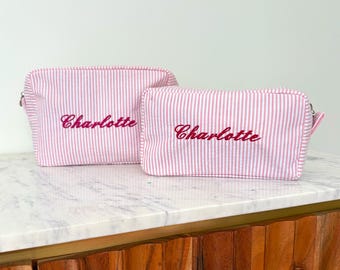 Pastel Striped Set Monogramed Makeup Bag, Personalized Toiletry Pouch, Embroidered Cosmetic Case, Bridal Shower Gift, Mother's Day Coquette