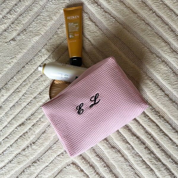 Bolsa de maquillaje rosa personalizada bordada, bolsa cosmética monograma personalizada, bolsa de lavado de viaje, regalo de dama de honor, día de la madre, bolsas de aseo