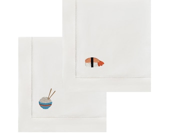 Embroidered Sushi Napkins, Set of 2, Personalised Cloth Towels, linen nautical inspired personalised napkins, Bridal Shower Decor, new home