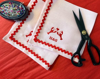 Personalized Pink Lobster Dinner Party Napkins, Pink with Red Ric Rac-Reusable Linen Cloth, Be My Lobster Housewarming Gift, Valentine's Day