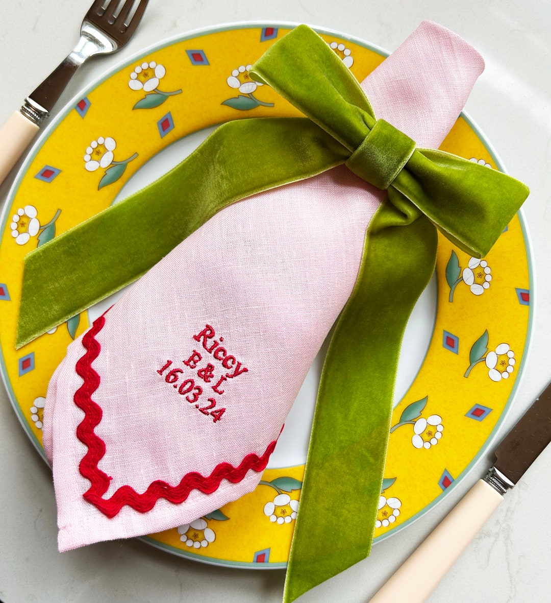 Personalized Monogram Wedding Napkins, Ric Rac Trim Towels, Dinner ...