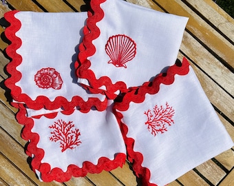Handmade Embroidered Sea Shell Placemats Set of 4, Kitchen Decor, Custom Linen Napkins,  Coastal Theme Decor Towels, Reusable Dinner Setting