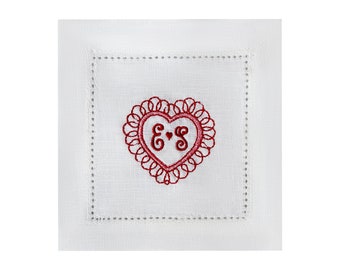 Custom Embroidered Heart Cocktail Napkins Set, Monogram Initial Gift for Her, Bridal Shower Table Setting Decorations, Reusable Towels