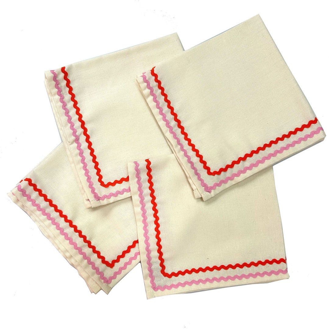 Pink and Orange Embroidered Solid Color Napkin Set, Linen Ric Rac Trim ...