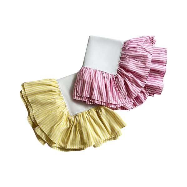 Pink and Yellow Party Ruffle Tablecloth, Candy Stripe Decor, Handmade Country Cottage Home Accessories, Kitchen Table Setting, Party Supply