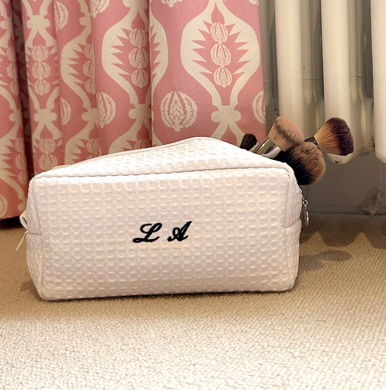 Personalised Small Quilted Monogramed Cosmetic Bag, Initial Name Makeup Pouch, Embroidery, Travel Case, Bridal Shower Gift, Mothers Day image 1