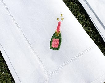 Embroidered Champagne Napkin Set, Personalised Cloth Towels, linen champagne bottle napkins, Bridal Shower Decor, Champagne Napkins
