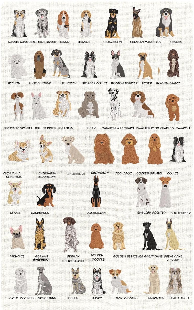 Puede incluir: Un bordado que representa varias razas de perros, incluyendo Bulldog, Pastor Alem&aacute;n y Husky. Cada perro se presenta con un estilo detallado y colorido, con el nombre de la raza debajo. El fondo es de color beige claro.