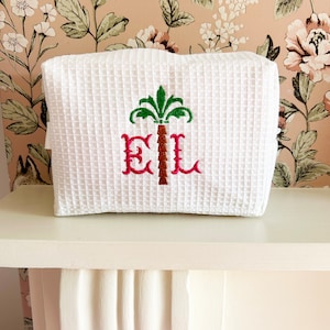 Embroidered Personalised Monogram Makeup Bag, Cosmetic Pouch, Gift For Her, Tropical Beach Accessories, Quilted Travel Case, Birthday Gift