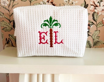 Embroidered Personalised Monogram Makeup Bag, Cosmetic Pouch, Gift For Her, Tropical Beach Accessories, Quilted Travel Case, Birthday Gift