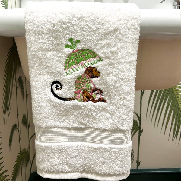 Personalized Cute Monkey Bathroom Towel Design, Luxury Embroidered Jungle Theme  Hand Towel, Animal Lover Decor, Housewarming Gift