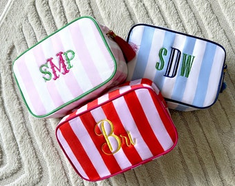 Striped Personalised Monogramed Name Travel Bag, Embroidered Cosmetic Pouch, Elegant Makeup Back, Birthday Gift, Bridal Shower, Hen do