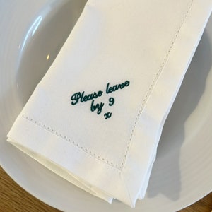 Minimalistic Custom Fabric Towel Set, Reusable Linen Cloth, Please Leave By 9 Napkin, Bespoke Embroidery, Dinner Table Setting, Wedding Gift