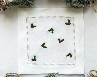 Christmas Embroidered Cocktail Napkins Set of 2, Holly Mistletoe Ribbon Linen Cloths, Holiday Party Table Setting, Reusable Napkin Gift