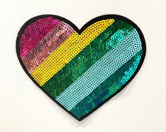 Large Heart Rainbow Sequin Patch, Sew On Applique, Iron On Patch, DIY Craft Supplies, Heart Applique, Vintage Patches, Back To School
