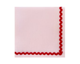 Pink and Red Embroidered Solid Color Napkin Set, Linen Ric Rac Trim Cloths, Fabric Towel Gifting, Dinner Table Setting, Housewarming Gift