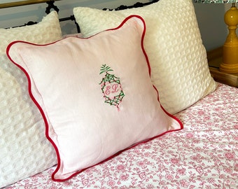 Personalised French Linen Pillow Case Pink and Green, Made In The UK Cushion Cover, Housewarming Gift, Princess Room Decor, Red Emboridered